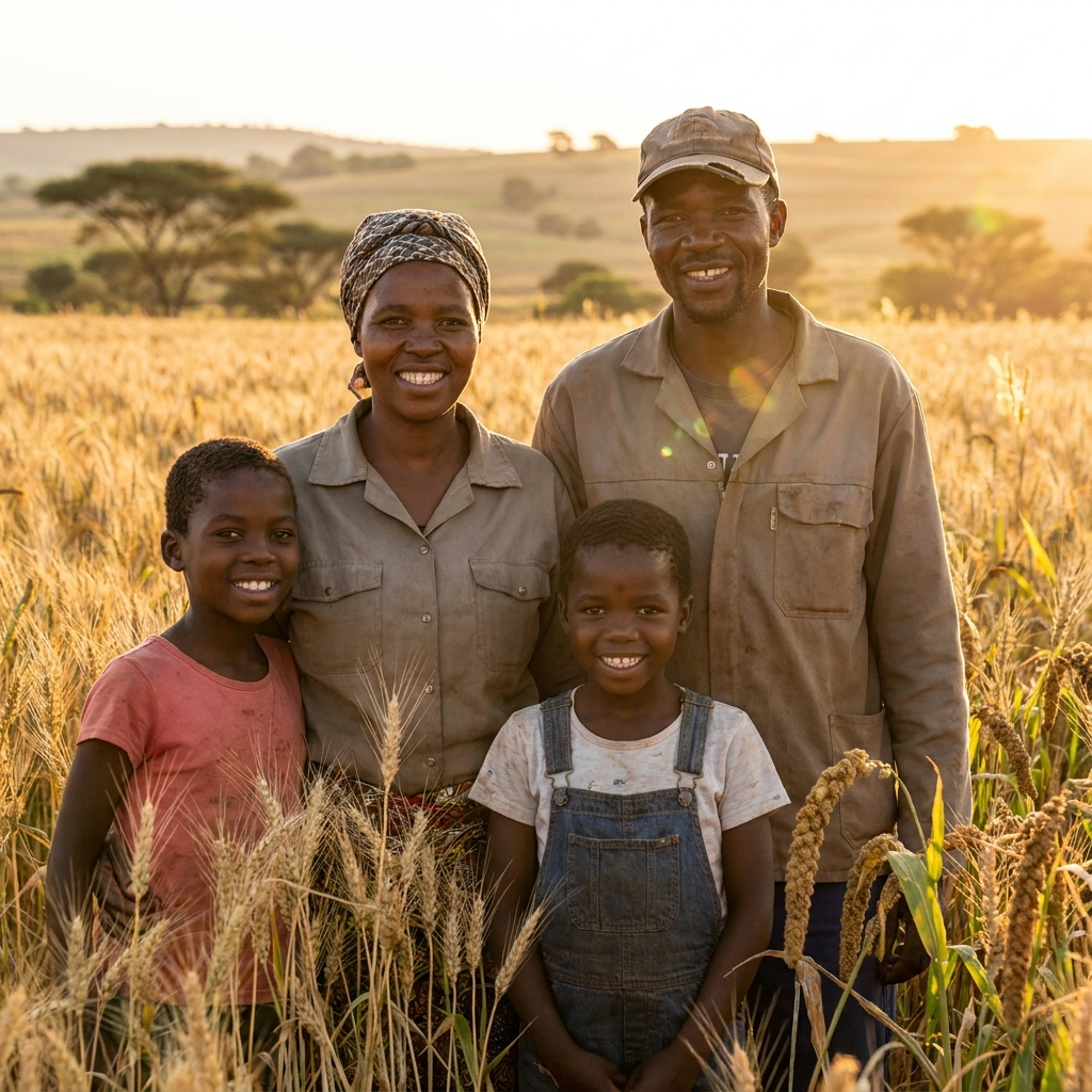 Heartwarming photo of a smiling farming family in rural Africa